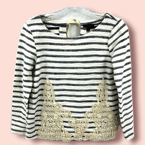 Cupio Women’s Blue White Striped Top W/ Crochet RN# 73163 Long Sleeve Lace